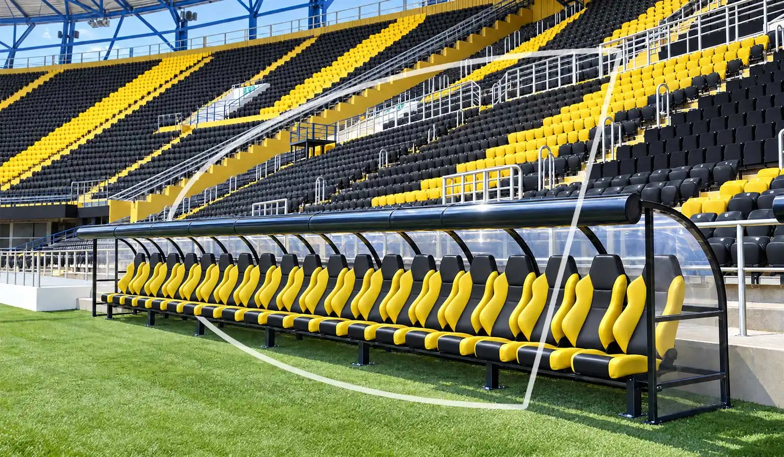 Tribune de stade et banc de joueurs couvert avec sièges noirs et jaunes